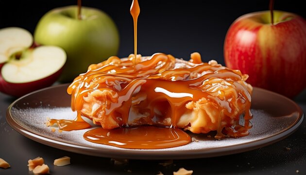 caramel drizzled apple fritter with chunky texture