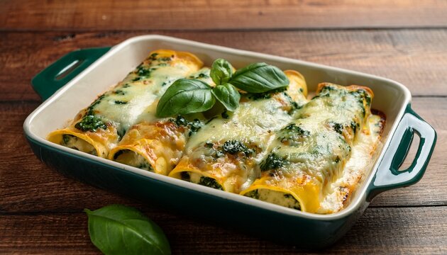 vertical format deliciously baked spinach and ricotta cannelloni topped with melted cheese garnished with fresh basil on a wooden table