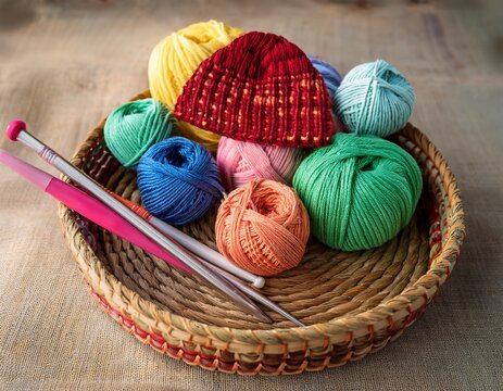 crochet work featuring cotton yarn vibrant yarn balls and crochet needles arranged on a threshing basket this handmade crochet hat can be styled as a slouch or beanie hat showcasing exquisite