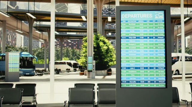 Contemporary coach station interior with empty seats and digital timetable display, departure board showing travel schedules. Urban public transportation terminal designed for commercial routes.