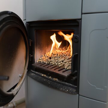 Burning wood pellets inside a modern cast iron home stove.