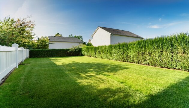 a nice green backyard with lawn white fence and green hedge on a sunny day