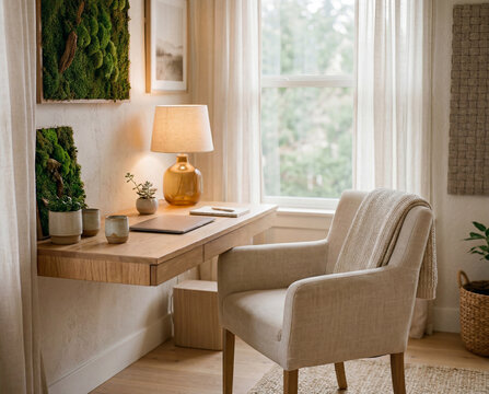 Calming minimal home office nook designed for sensory regulation with natural light and biophilic interior design