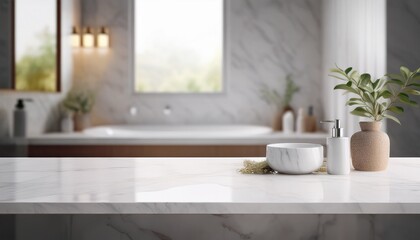 Fototapeta premium white bathroom interior empty marble table top for product display with blurred bathroom interior background digital ai art