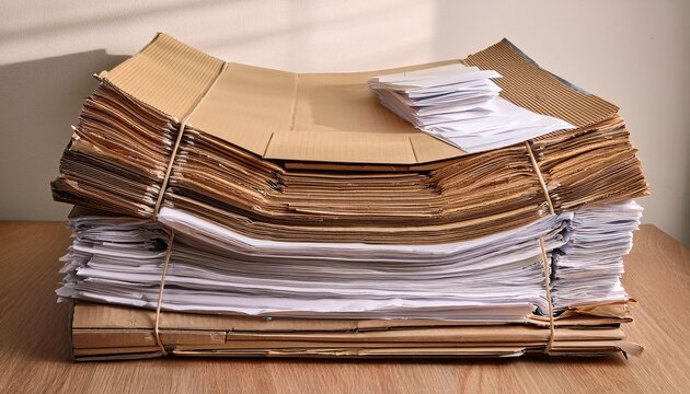 stack of papers and paper packaging collected at home or at an office for recycling reduce reuse recycle