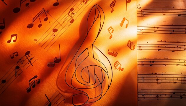 orange and yellow on a soft background of musical notes