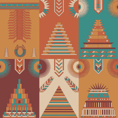Obraz premium Collection of ethnic geometric patterns with stylized stepped pyramids and sun motifs in earth tones of terracotta and teal vector illustration