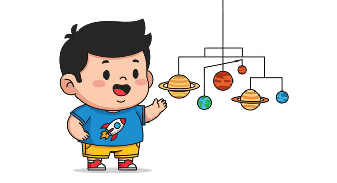 Young boy explaining solar system model joyfully indoors.