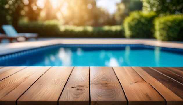 wooden outdoor table edge in focus beside a vibrant blurred swimming pool with sparkling blue water and soft bokeh reflections in background