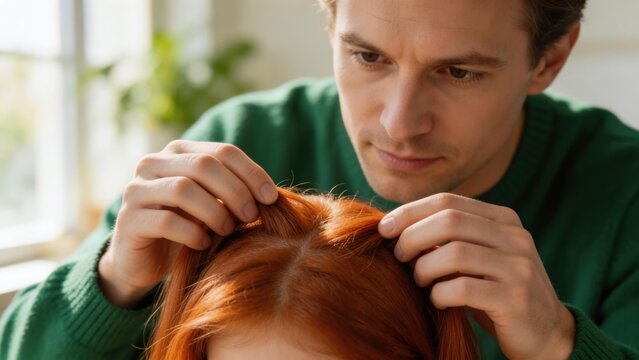 Father checking his child's red hair for head lice. Man examining scalp for pediculosis nits indoors. Parenting and healthcare concept