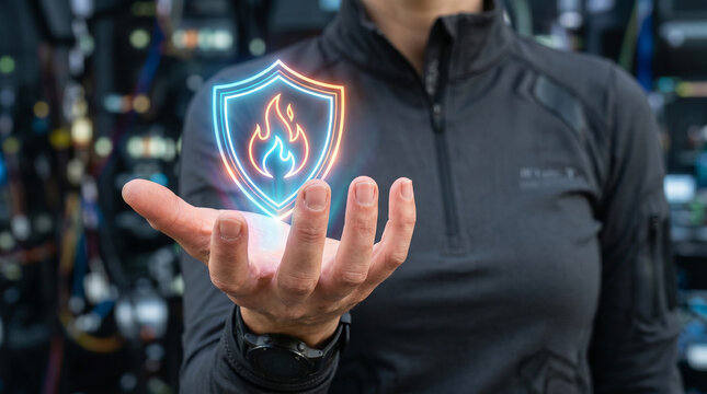 Fire shield hand security protection concept digital icon in palm against dark background