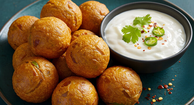 Appetizing golden-brown savory fritters, a delicious and popular snack, elegantly served on a teal plate with a creamy yogurt dipping sauce, fresh cilantro, and chili garnish