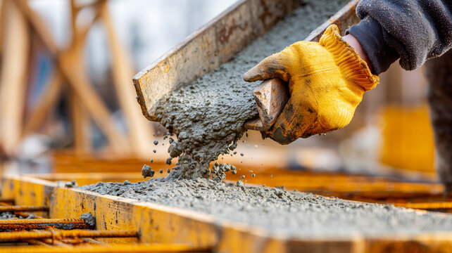 Close up of wet concrete pouring from a metal chute into a wooden formwork grid with reinforcement bars, guided by a worker hand in a yellow protective glove