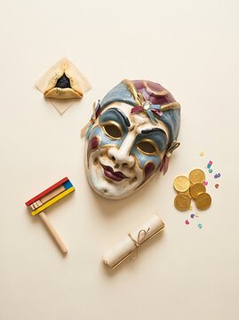 Traditional Purim Holiday Symbols with Venetian Mask and Hamantaschen.