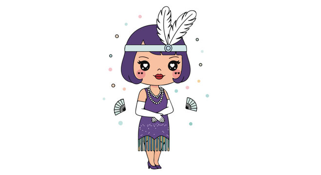 Flapper girl in purple dress and feathered headband smiling with 1920s style makeup and accessories