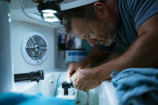 Man inspecting bilge pump float switch inside boat compartment