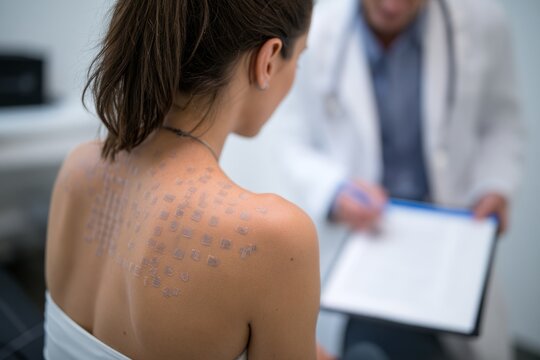 Patient undergoing dermatology patch test with adhesive strips on back and doctor documenting