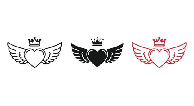 Set of three heart-shaped icons with wings and crowns in black, white, and red colors symbolizing love and freedom