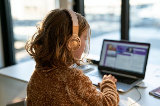 Child wearing headphones attending online class on laptop at desk