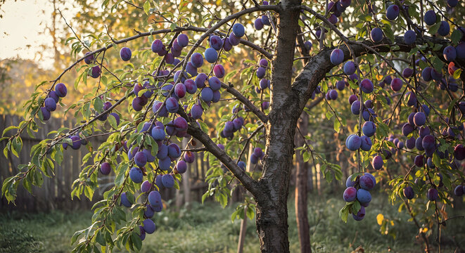 Plum tree laden with ripe, purple fruit in a sun-drenched orchard, capturing the essence of a fruitful harvest season