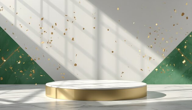 Elegant circular marble stage surrounded by festive gold confetti on modern white and emerald green backdrop.