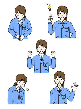 Female worker illustration set (bowing, idea, guts pose, sighing, greeting) 