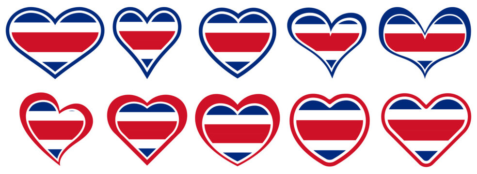 Collections Costa Rica flag heart shaped icon set. Costa Rica flag love symbol. Romantic Costa Rica  flag badge emblem design vector illustration