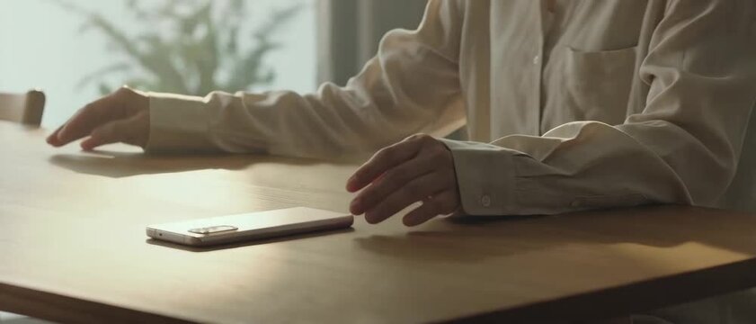 Generative AI, Close up of a person putting a smartphone aside and starting to work on a laptop at a desk