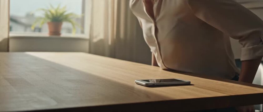 Generative AI, Close up of a person putting a smartphone aside and starting to work on a laptop at a desk
