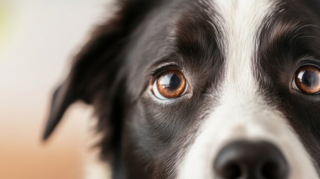 Intense Gaze of a Border Collie: A close-up shot focuses on the expressive, intelligent brown eyes of a black and white Border Collie, conveying a sense of attentiveness and deep connection.