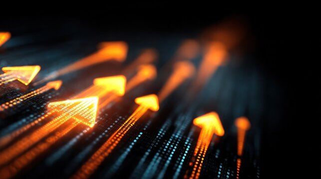 Upward Momentum: A vibrant display of orange arrows surge forward against a dark, technological backdrop, symbolizing progress, growth, and relentless advancement.