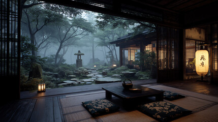 Serene traditional Japanese ryokan tatami room with a low table and floor cushions opening onto a misty garden glowing paper lantern at evening