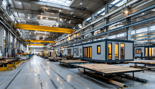 Workers build modular homes indoors. Prefabricated buildings assemble on factory floor. Modern housing units made with efficiency and planning. Industrial construction process is clean and organized