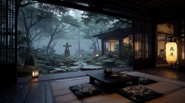 Serene traditional Japanese ryokan tatami room with a low table and floor cushions opening onto a misty garden glowing paper lantern at evening