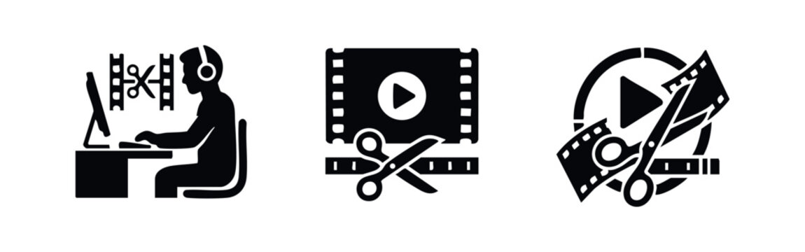 Three black video editing and filmmaking icons on a white background.