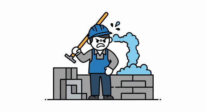 Frustrated cartoon construction worker breaking bricks with hammer.