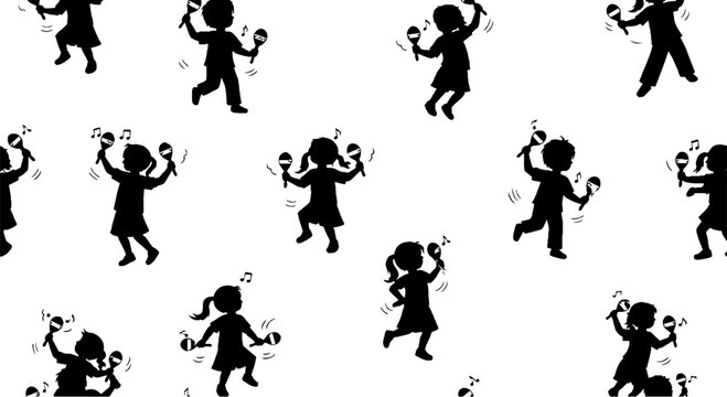 Playful black silhouette figures dancing with joyful expressions.