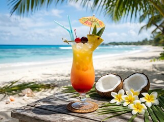 Obraz premium Tropical Sunrise Cocktail Refreshment on a Sunny Sandy Beach with Exotic Island Decorations