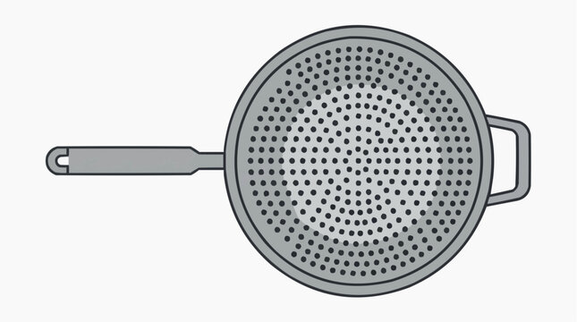 Metal pasta colander with circular perforations isolated on a white background, essential kitchen utensil for draining pasta, vegetables, and cooked foods.