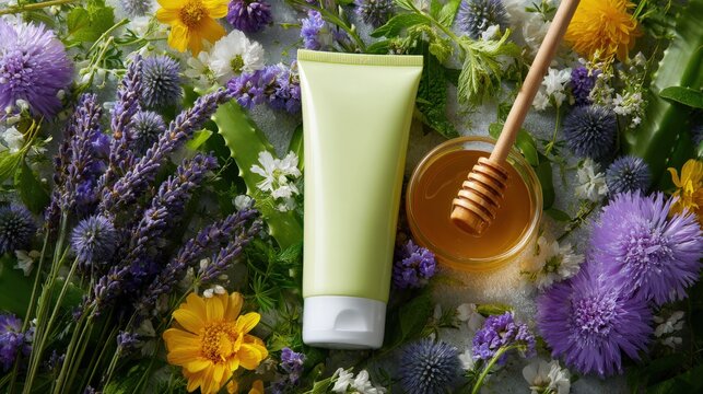 Fresh ingredients surround a soothing cosmetic tube in a vibrant natural setting