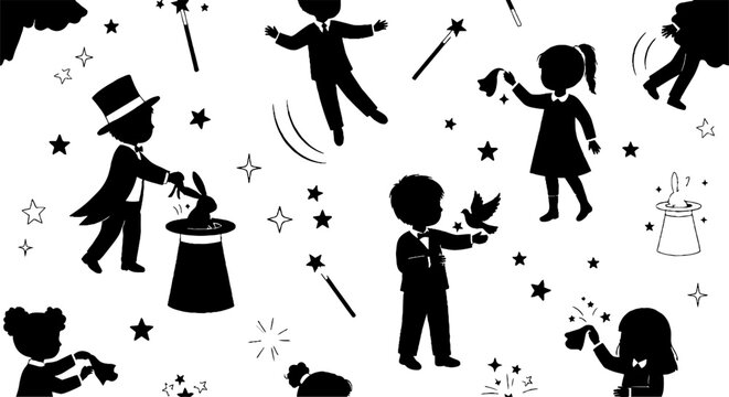 Playful black silhouettes of children performing magic tricks and activities.
