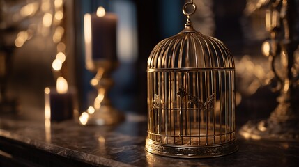 Fototapeta premium Luxury golden bird cage in a dark moody setting with dramatic shadows, creating an elegant and sophisticated interior decor concept with timeless visual appeal.