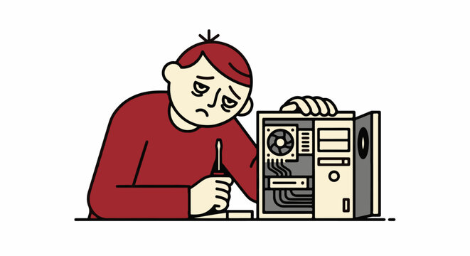 Frustrated man working on computer hardware repair.
