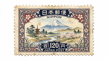 Obraz premium Antique Japanese Postage Stamp Featuring Mount Fuji Pagoda and Sakura