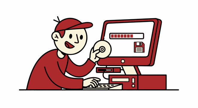 Cartoon hacker copying data from computer terminal quickly.