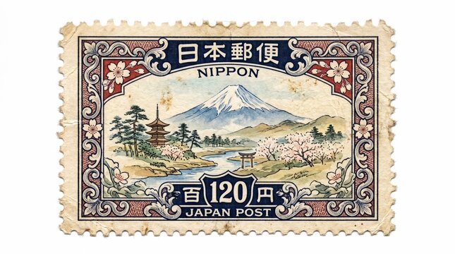 Antique Japanese Postage Stamp Featuring Mount Fuji Pagoda and Sakura