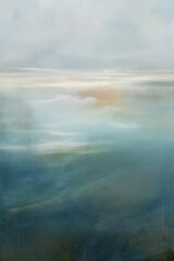 Naklejka premium Abstract oil painting creating a serene, calm atmosphere with a blurry horizon line and gentle color transitions
