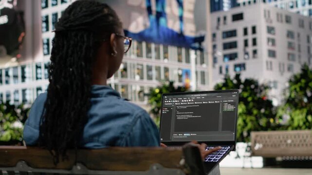 Writing code on laptop, implementing programming language, software developer on park bench. Black girl developing software interface, freelancing outdoors for productivity. City life.