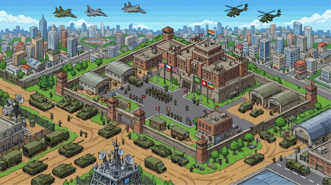 Military Fortress Complex: An aerial view showcases a sprawling military fortress, complete with tanks, helicopters, fighter jets, and barracks.