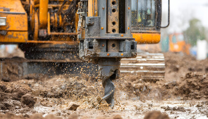 Fototapeta premium Screw pile being drilled into wet soil for foundation. Heavy equipment operates on construction site. Earthwork process for building support